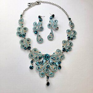 Blue Crystal Rhinestone Statement Necklace with Earrings